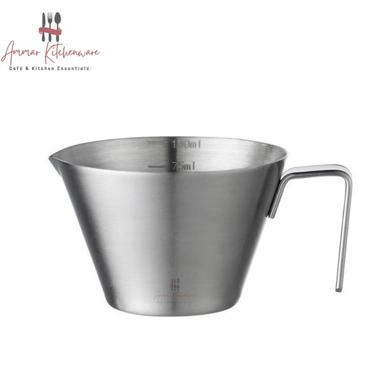 Stainless steel espresso measuring cup 100ml with handle and pouring spout showing internal volume markings