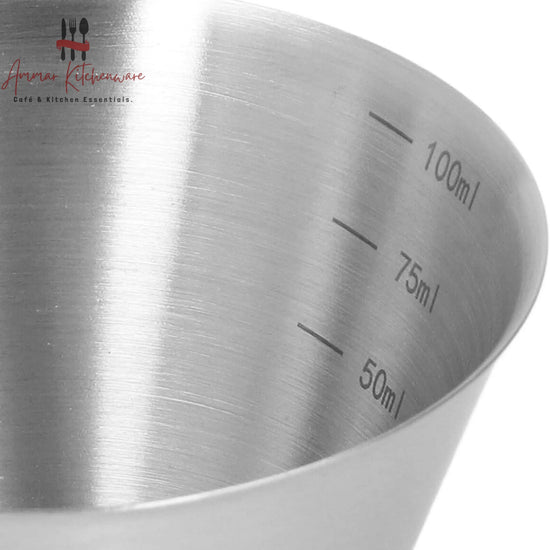 Stainless steel espresso measuring cup 100ml with handle and pouring spout showing internal volume markings