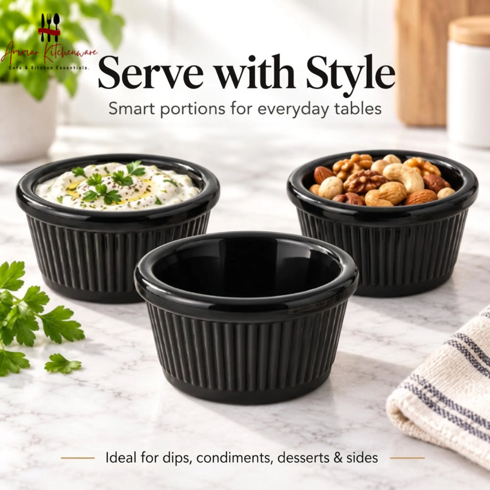 Black melamine ramekin dip cup with ribbed exterior texture and glossy rounded rim