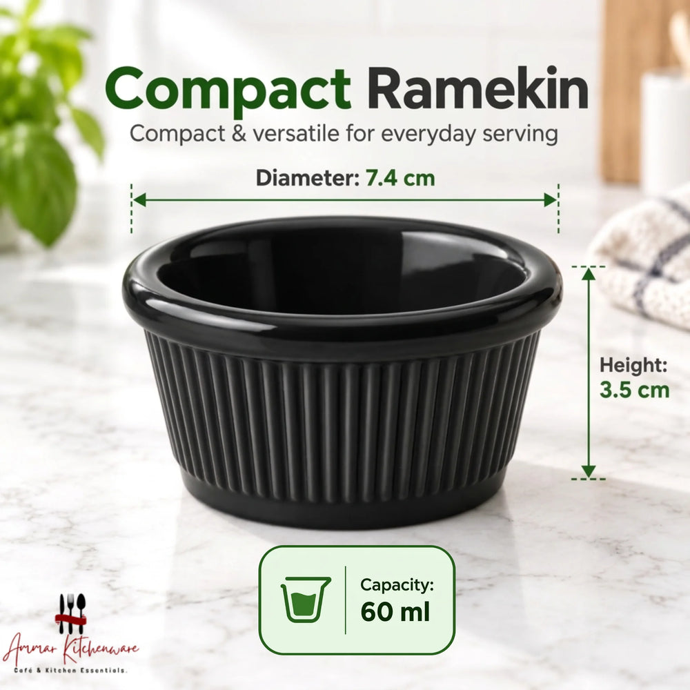 Black melamine ramekin dip cup with ribbed exterior texture and glossy rounded rim