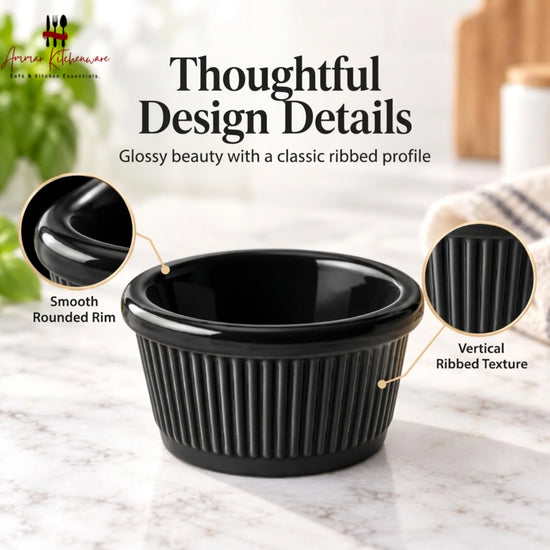 Black melamine ramekin dip cup with ribbed exterior texture and glossy rounded rim