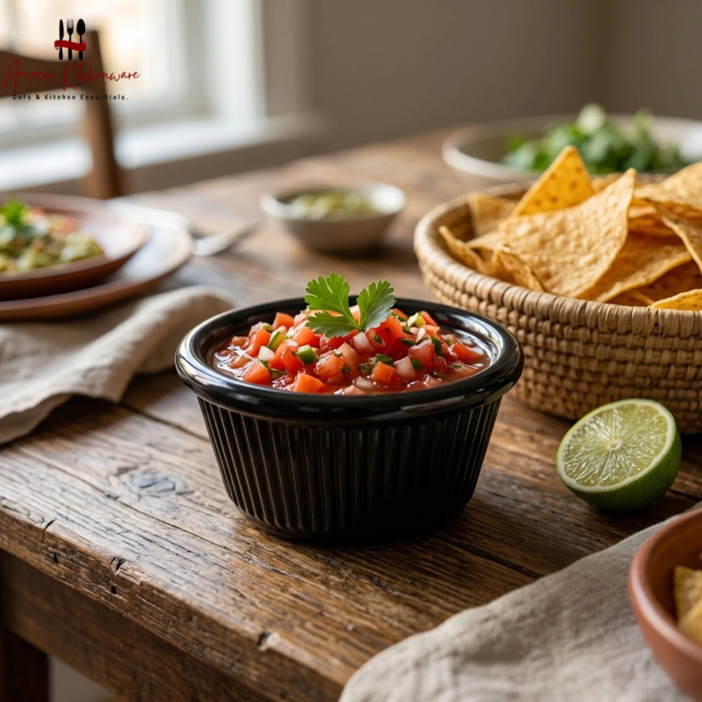Black melamine ramekin dip cup with ribbed exterior texture and glossy rounded rim