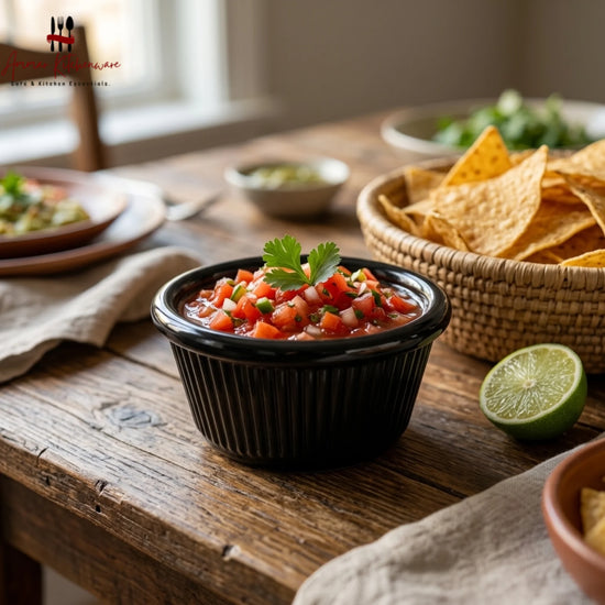 Black melamine ramekin dip cup with ribbed exterior texture and glossy rounded rim