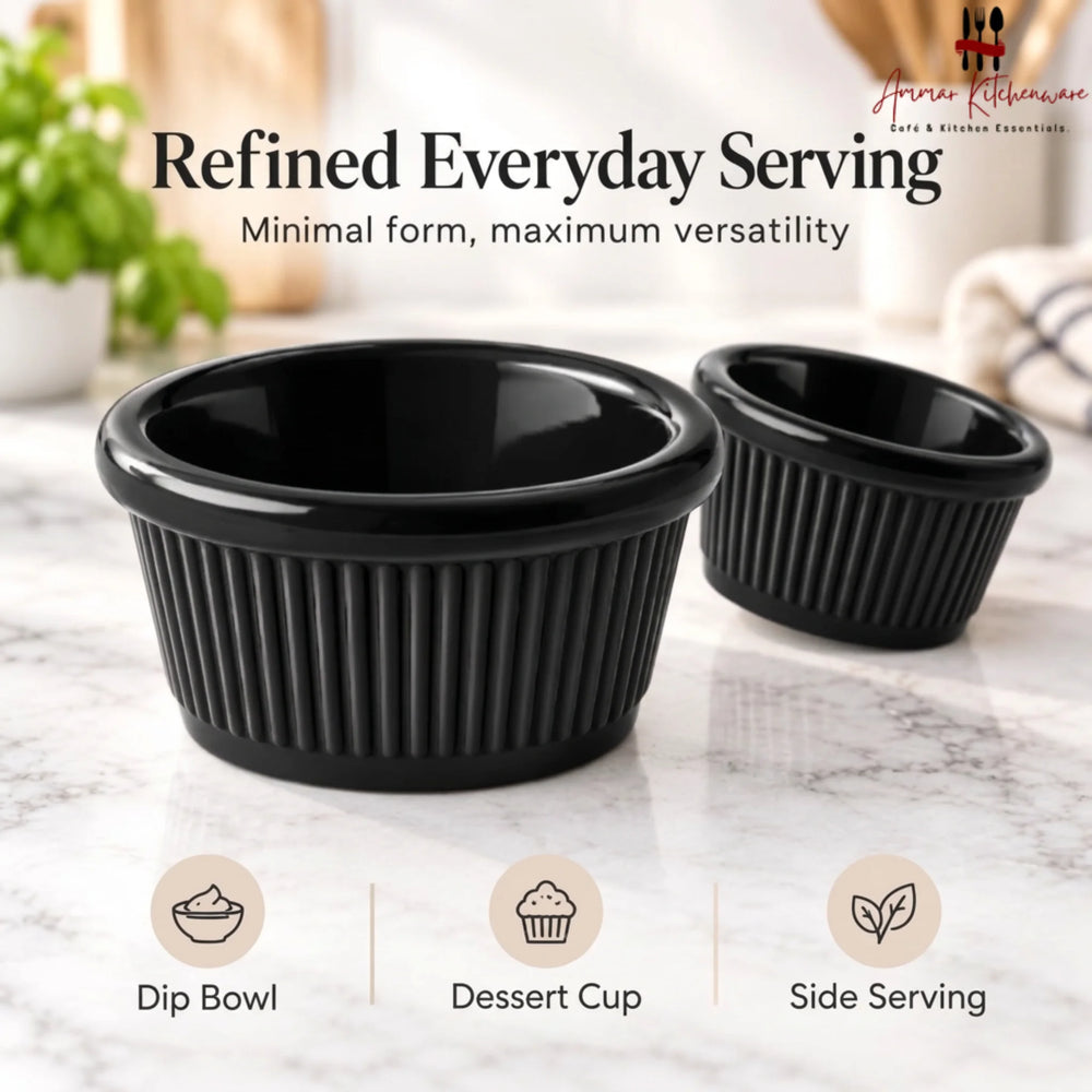 Black melamine ramekin dip cup with ribbed exterior texture and glossy rounded rim
