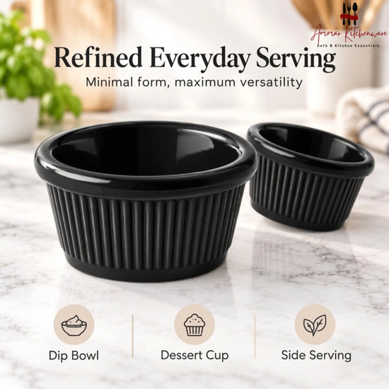 Black melamine ramekin dip cup with ribbed exterior texture and glossy rounded rim