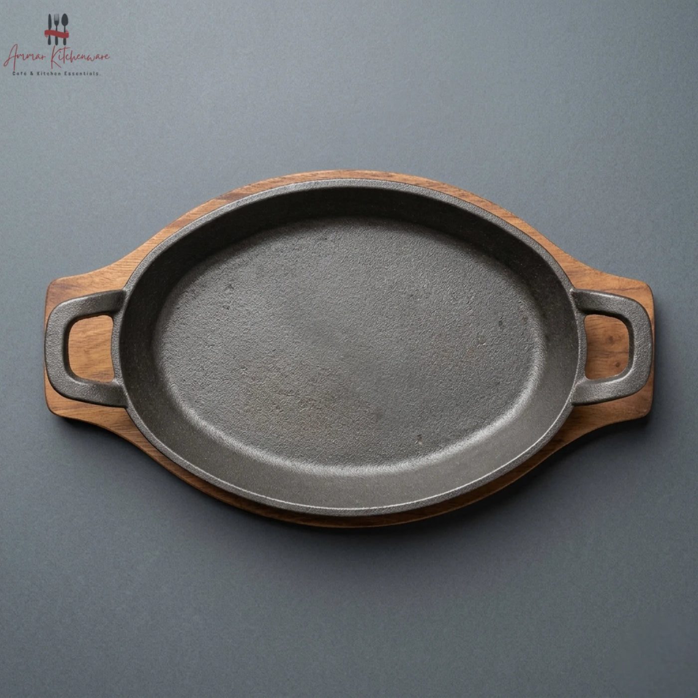 Cast Iron Oval Sizzler Pan with Dual Side Handles & Wooden Base