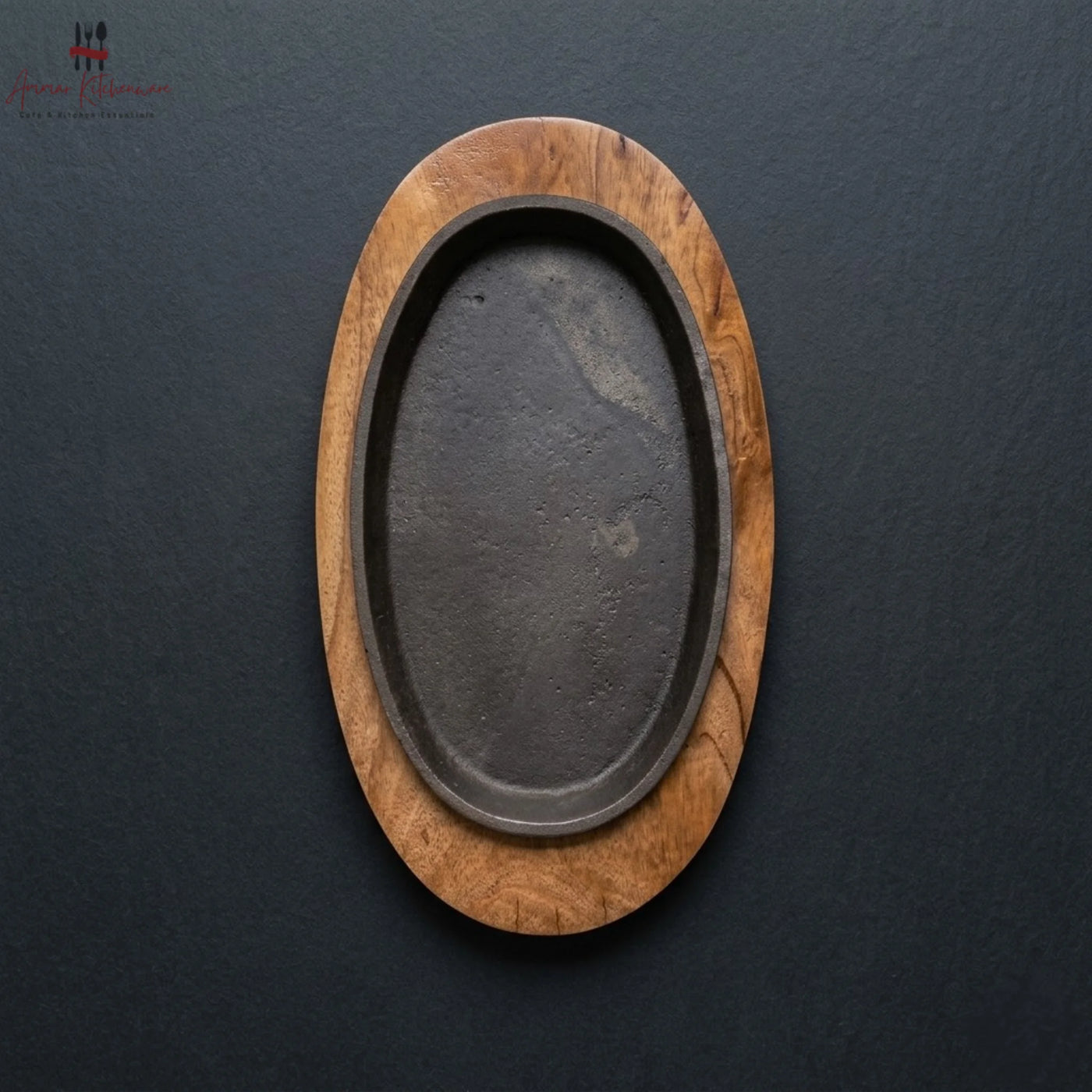 Cast Iron Oval Sizzler Plate with Wooden Base
