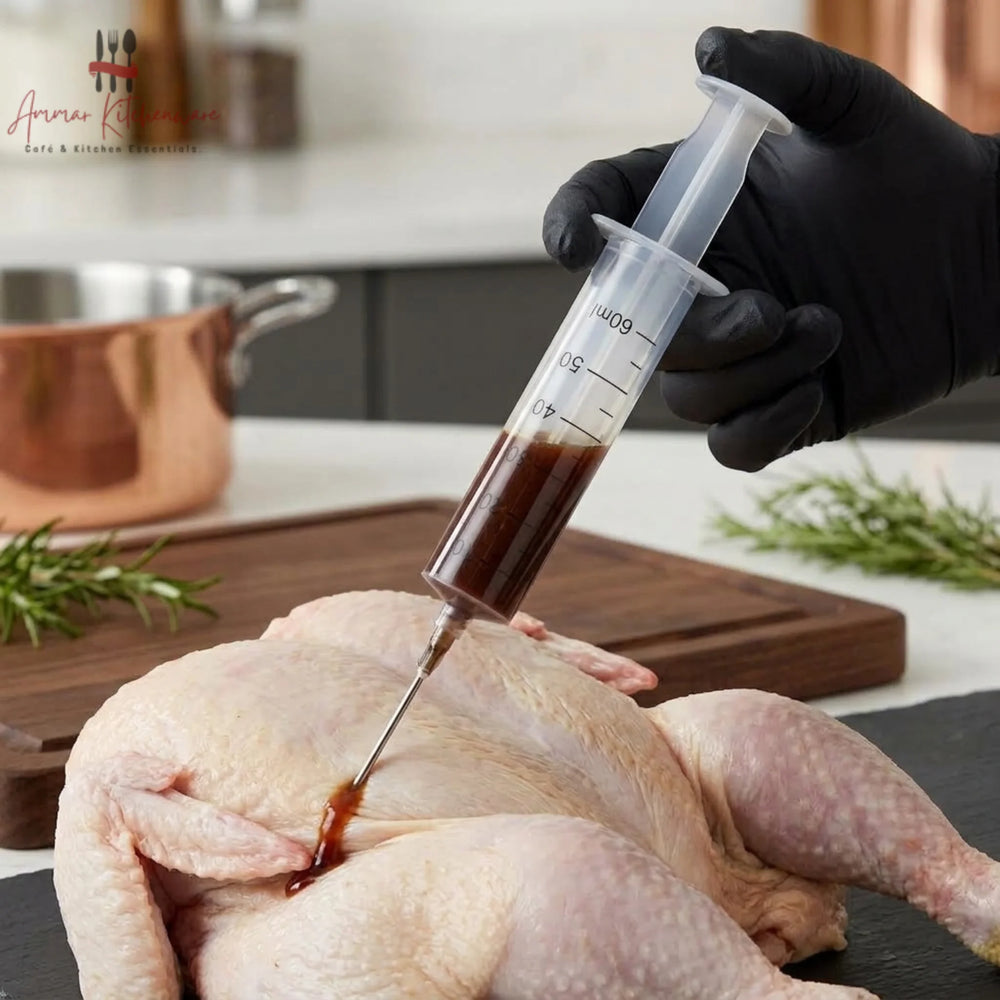 Meat marinade injector syringe with stainless steel needle