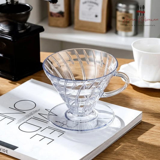 Clear plastic V60 pour over coffee dripper with handle