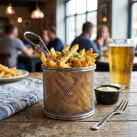 Stainless Steel Round Fry Serving Basket with Handle
