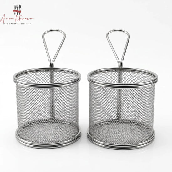 Stainless Steel Round Fry Serving Basket with Handle