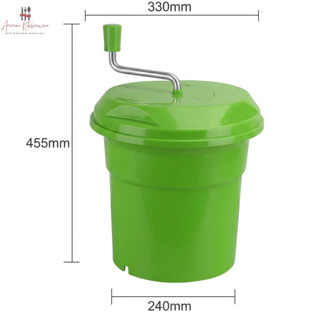 Commercial green salad spinner with metal hand crank arm and white inner colander basket