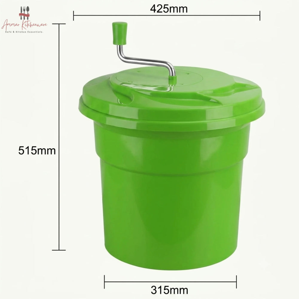 Commercial green salad spinner with metal hand crank arm and white inner colander basket