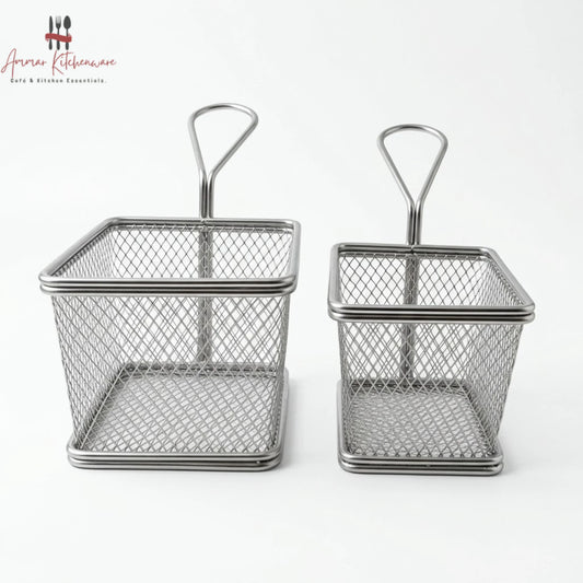 Rectangular Wire Mesh Fry Serving Basket with Handle