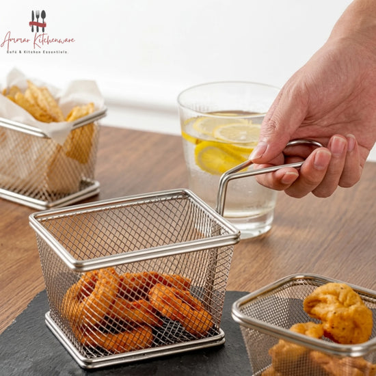 Rectangular Wire Mesh Fry Serving Basket with Handle