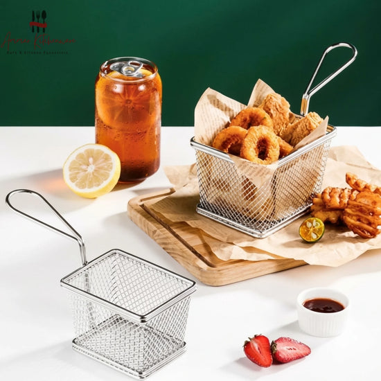 Rectangular Wire Mesh Fry Serving Basket with Handle