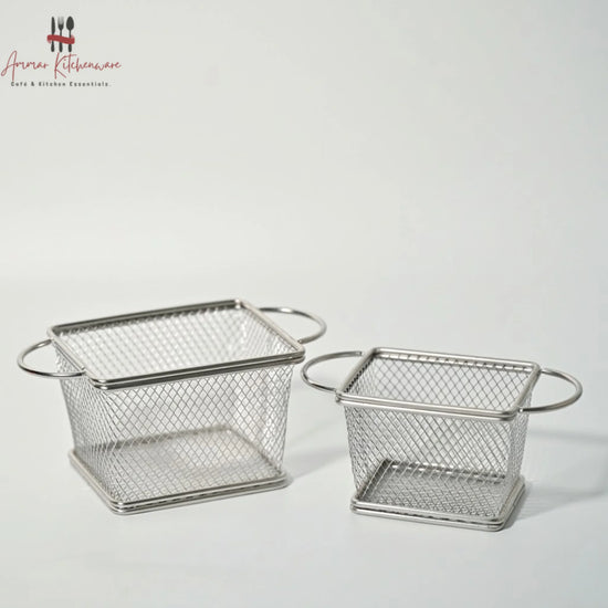 Stainless steel dual handle fry serving basket with diamond wire mesh and side loop handles for tabletop presentation