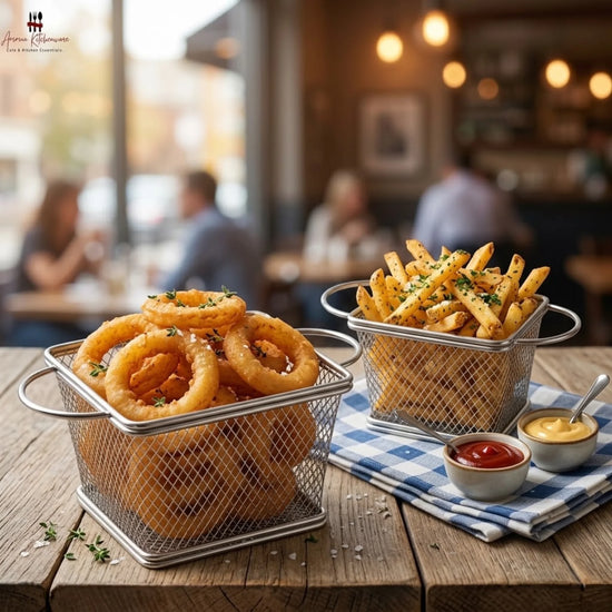 Stainless steel dual handle fry serving basket with diamond wire mesh and side loop handles for tabletop presentation