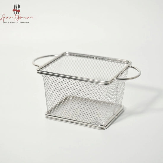 Stainless steel dual handle fry serving basket with diamond wire mesh and side loop handles for tabletop presentation