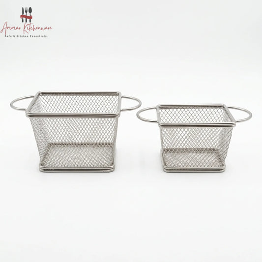 Stainless steel dual handle fry serving basket with diamond wire mesh and side loop handles for tabletop presentation