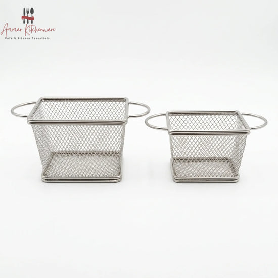 Stainless steel dual handle fry serving basket with diamond wire mesh and side loop handles for tabletop presentation