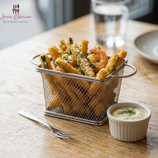 Stainless steel dual handle fry serving basket with diamond wire mesh and side loop handles for tabletop presentation