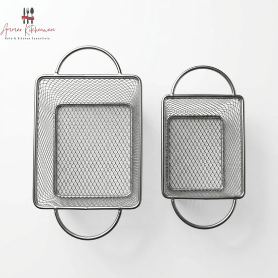 Stainless steel dual handle fry serving basket with diamond wire mesh and side loop handles for tabletop presentation