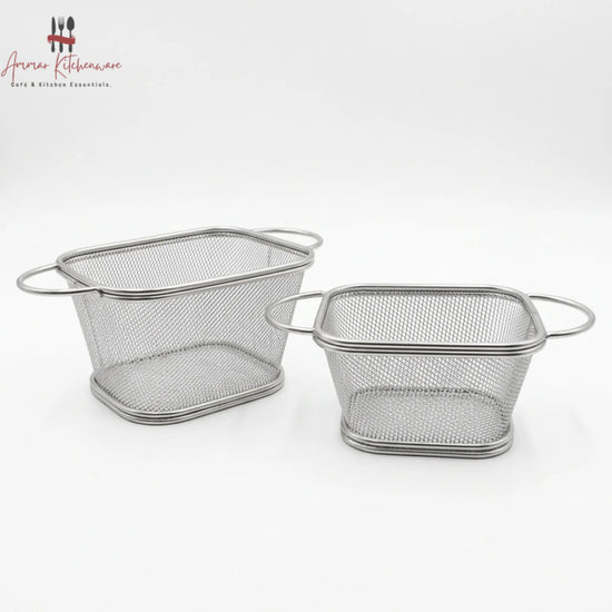 Round corner fry serving basket with wire mesh body, curved edges, and dual side loop handles on dining table
