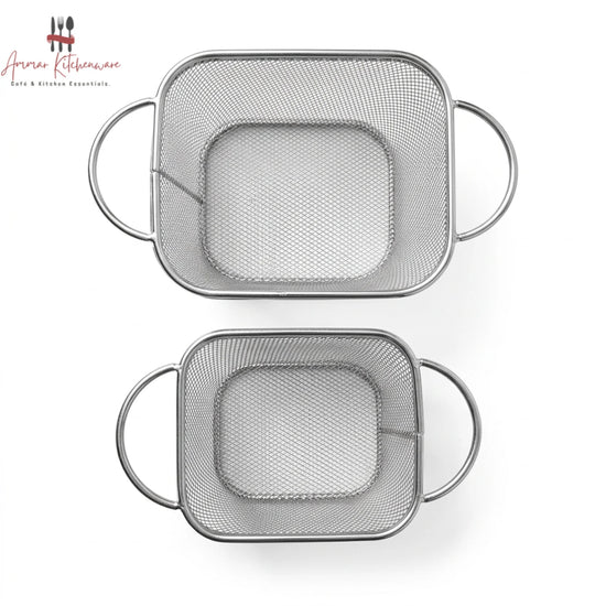 Round corner fry serving basket with wire mesh body, curved edges, and dual side loop handles on dining table