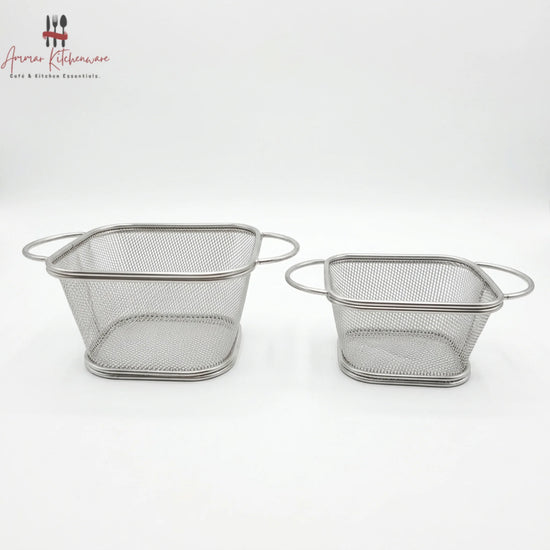 Round corner fry serving basket with wire mesh body, curved edges, and dual side loop handles on dining table