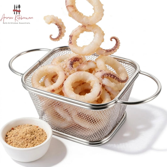 Round corner fry serving basket with wire mesh body, curved edges, and dual side loop handles on dining table