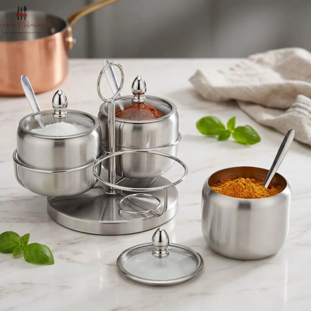 Stainless Steel Revolving Soup Seasoning Cruet Set with Stand