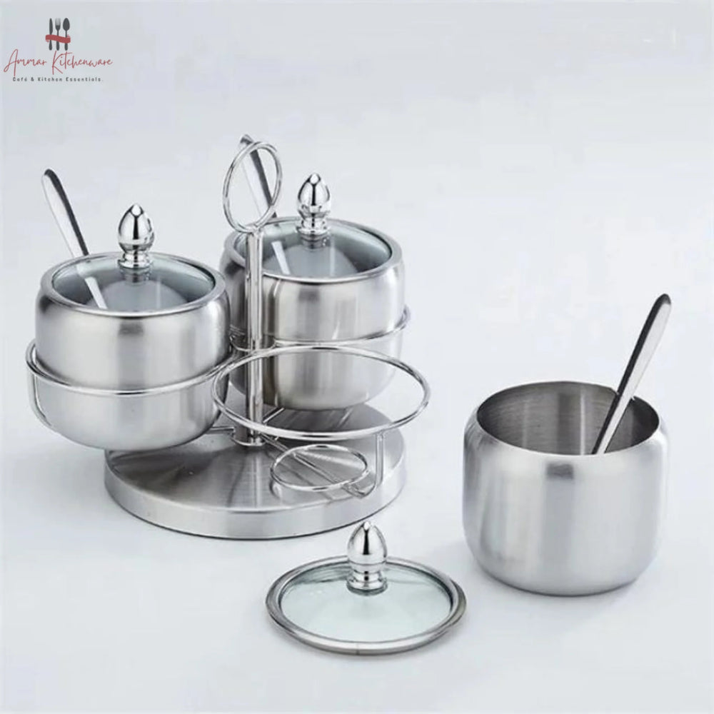 Stainless Steel Revolving Soup Seasoning Cruet Set with Stand