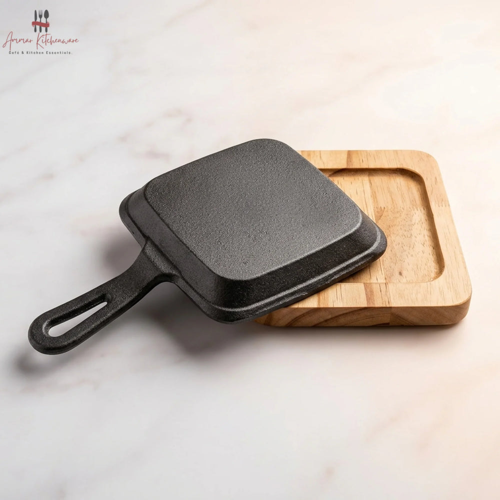Mini Cast Iron Square Skillet Sizzler Pan with Wooden Base
