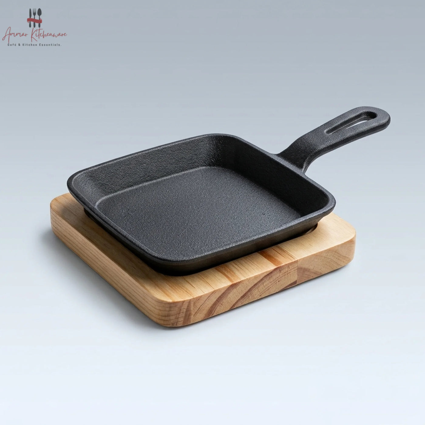 Mini Cast Iron Square Skillet Sizzler Pan with Wooden Base