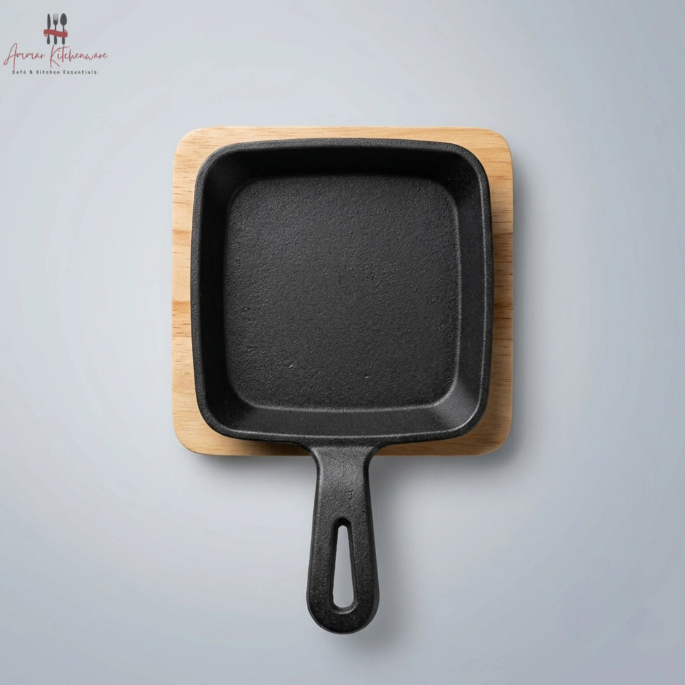 Mini Cast Iron Square Skillet Sizzler Pan with Wooden Base