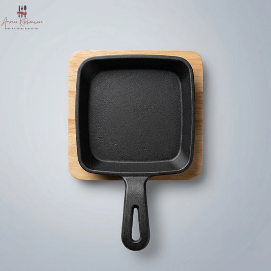 Mini Cast Iron Square Skillet Sizzler Pan with Wooden Base