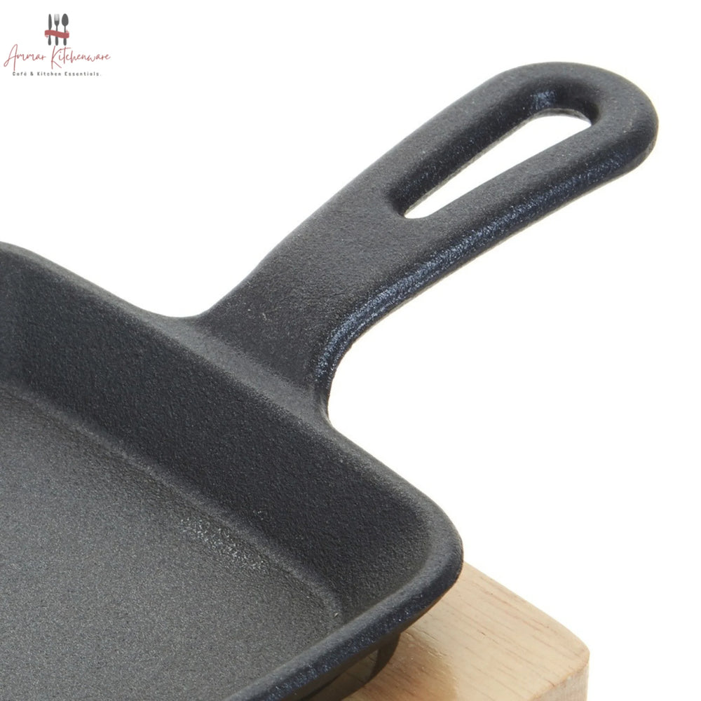 Mini Cast Iron Square Skillet Sizzler Pan with Wooden Base