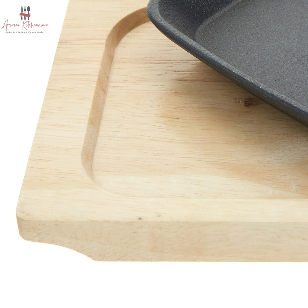 Mini Cast Iron Square Skillet Sizzler Pan with Wooden Base