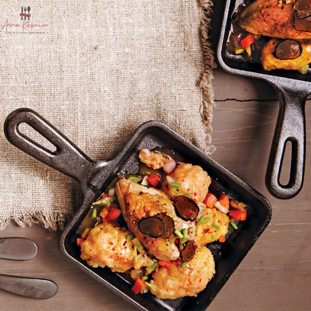 Mini Cast Iron Square Skillet Sizzler Pan with Wooden Base