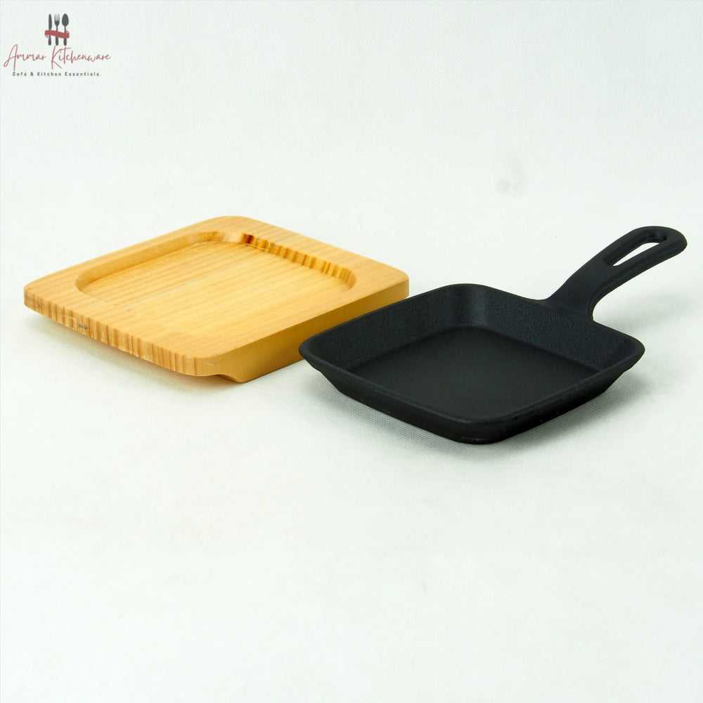Mini Cast Iron Square Skillet Sizzler Pan with Wooden Base