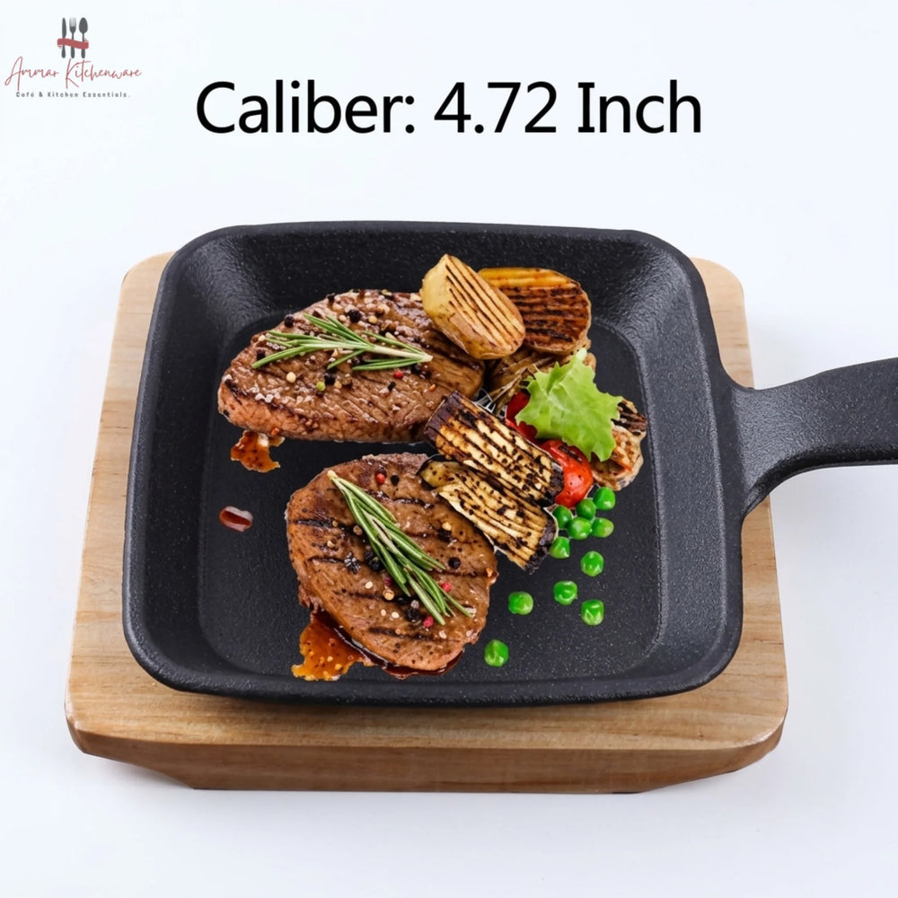 Mini Cast Iron Square Skillet Sizzler Pan with Wooden Base