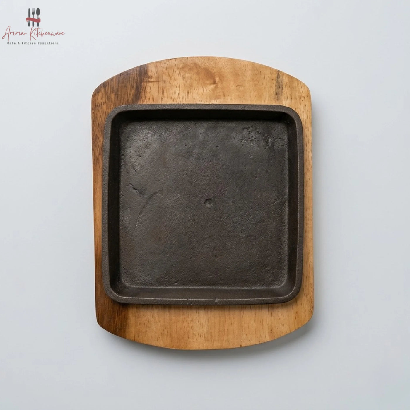 Square Cast Iron Sizzler Pan with Wooden Base