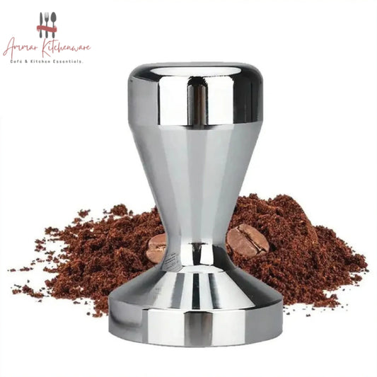 Solid stainless steel espresso coffee tamper with polished flat base and ergonomic handle