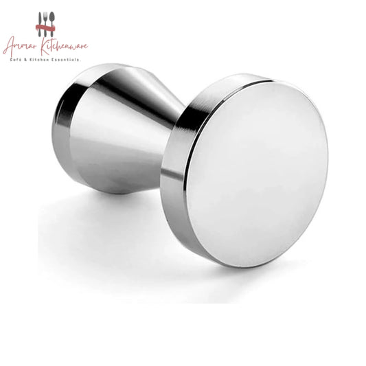 Solid stainless steel espresso coffee tamper with polished flat base and ergonomic handle