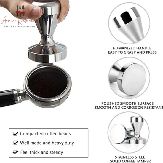Solid stainless steel espresso coffee tamper with polished flat base and ergonomic handle