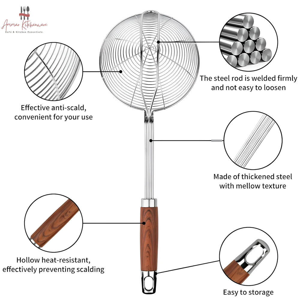 Stainless Steel Spider Strainer Skimmer with Heat Resistant Wooden Handle