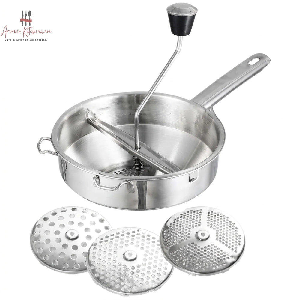 Stainless steel food mill with rotary hand crank and three interchangeable perforated milling discs