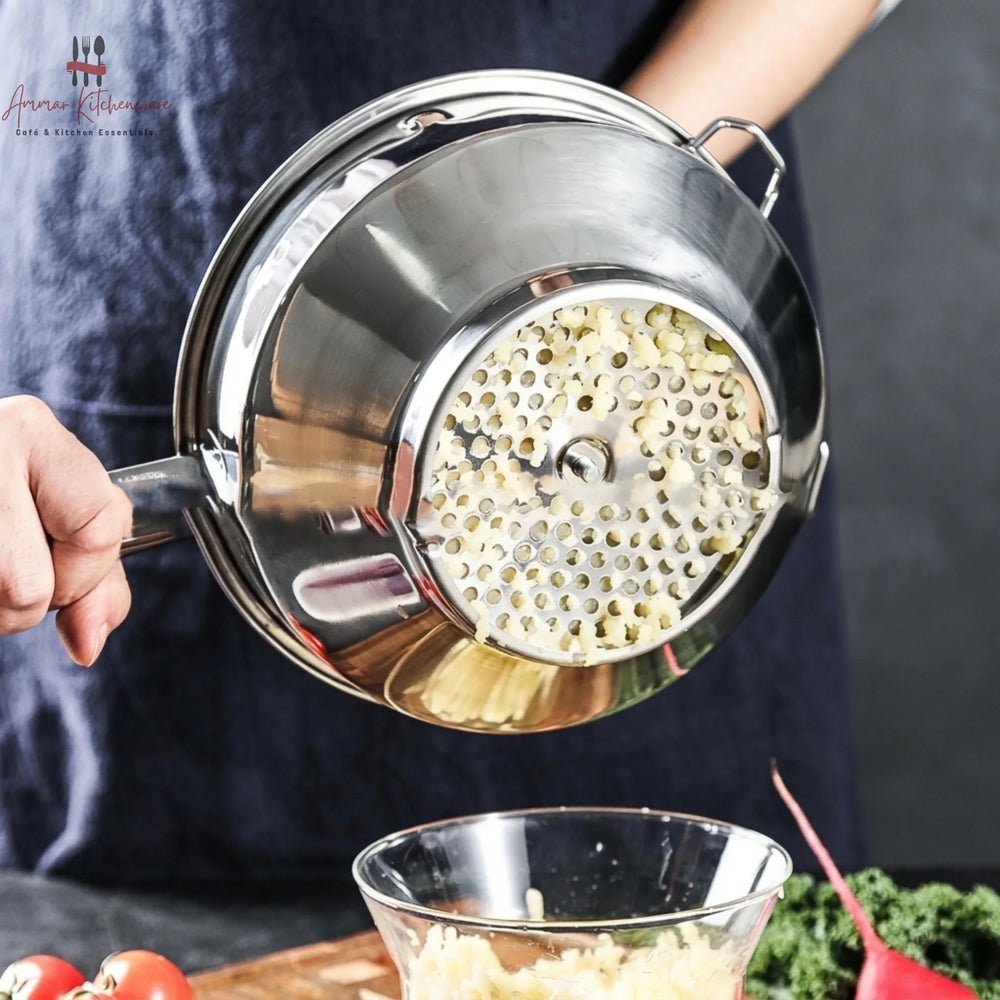 Stainless steel food mill with rotary hand crank and three interchangeable perforated milling discs