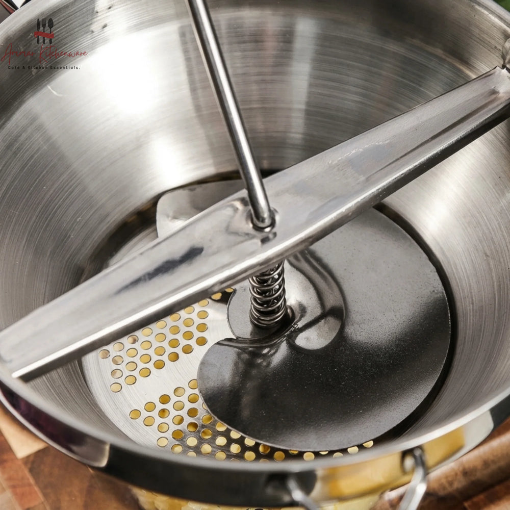 Stainless steel food mill with rotary hand crank and three interchangeable perforated milling discs